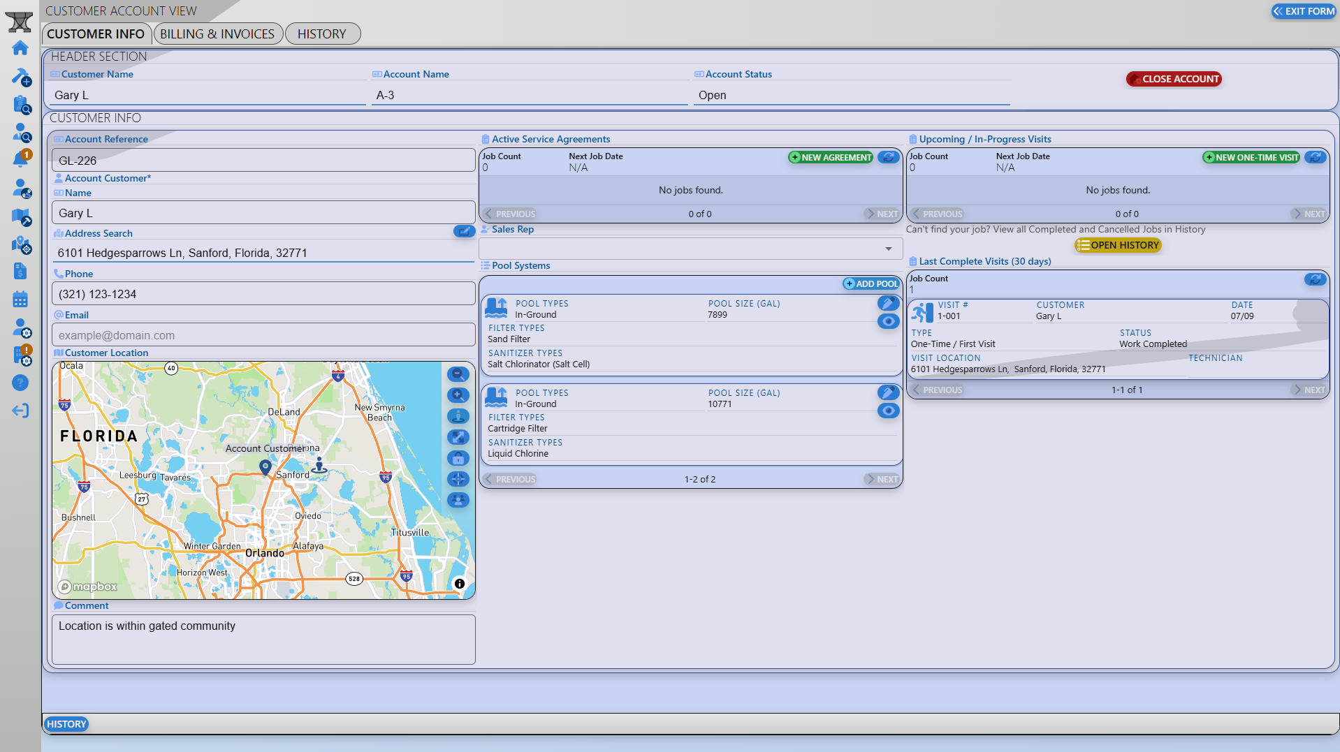 FlowForge customer account view with customer, service, & pool equipment information