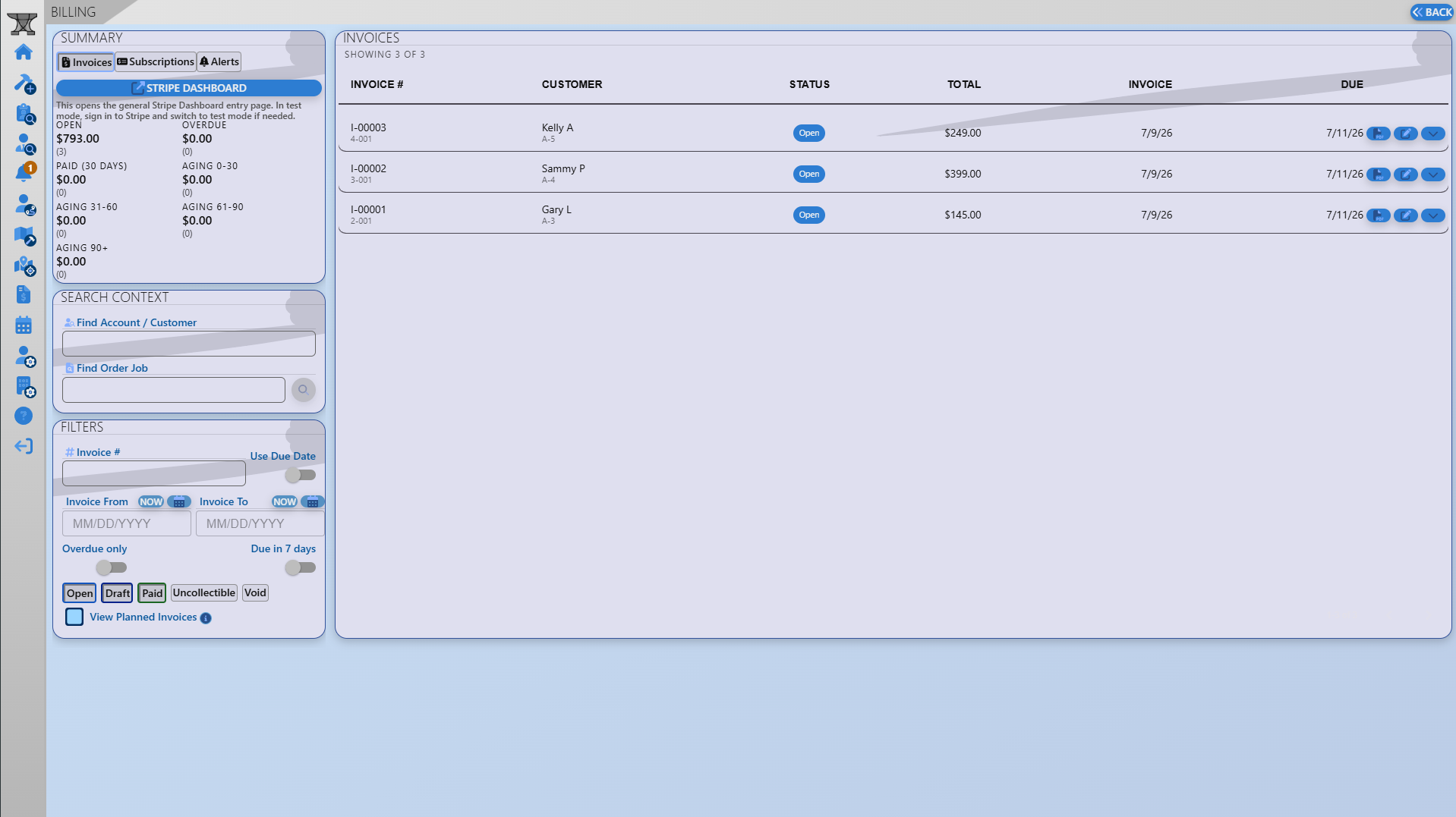 FlowForge billing view with invoice and payment information