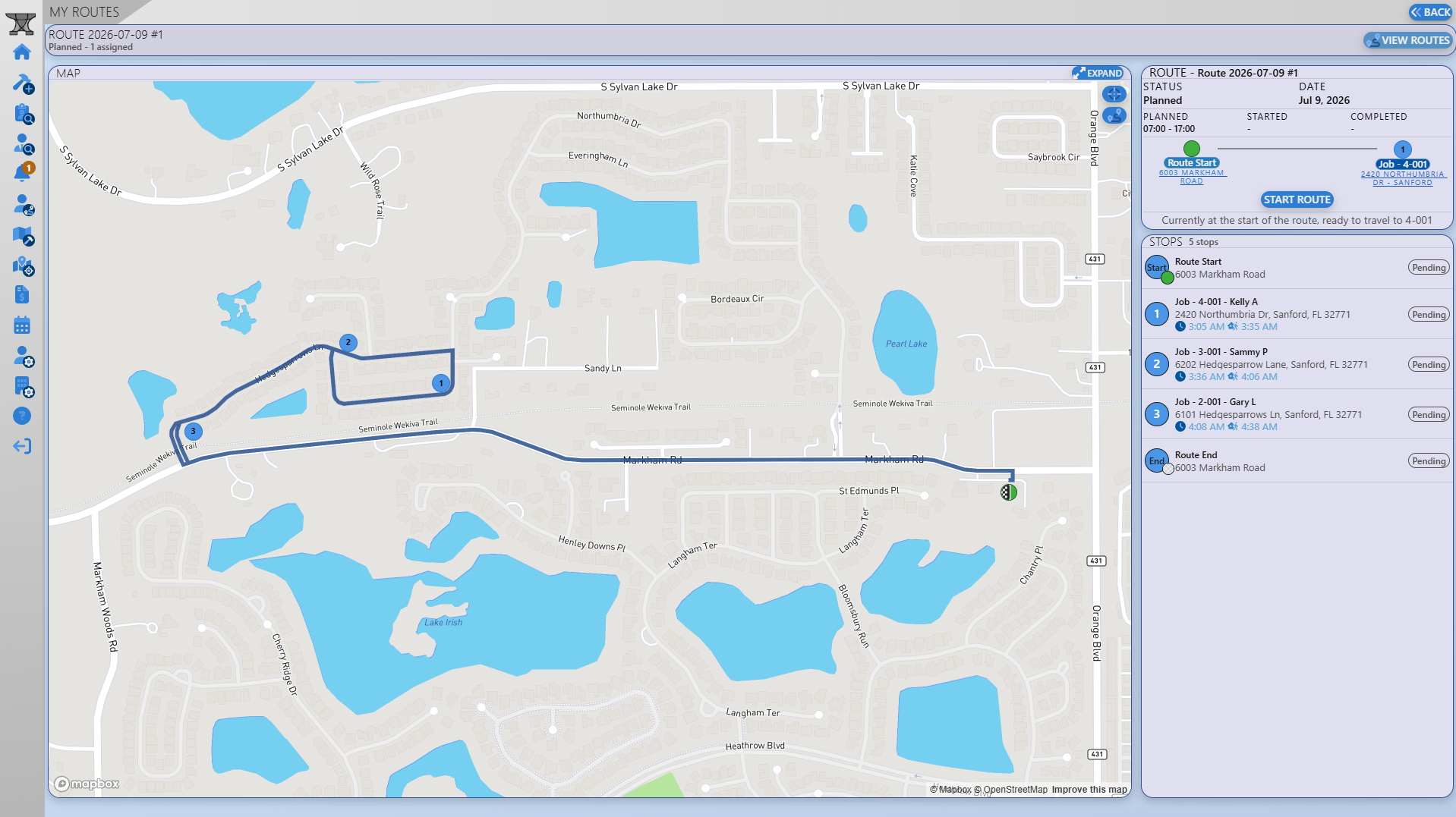 FlowForge route planning view with scheduled pool service stops on a map